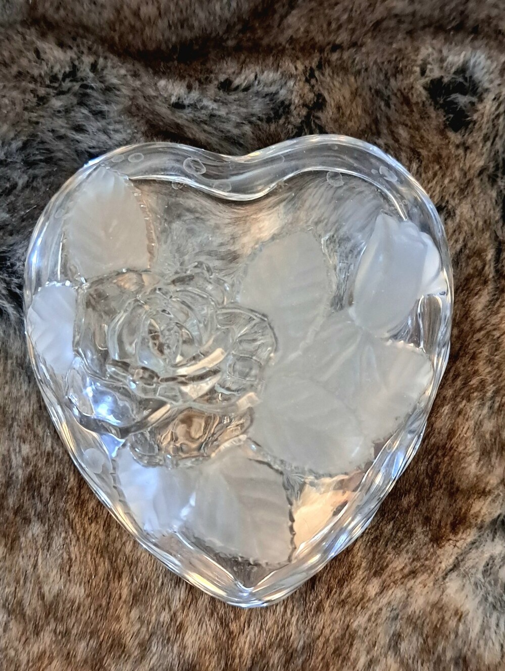 Clear Glass Heart Dish with Frosted Rose and Leaves